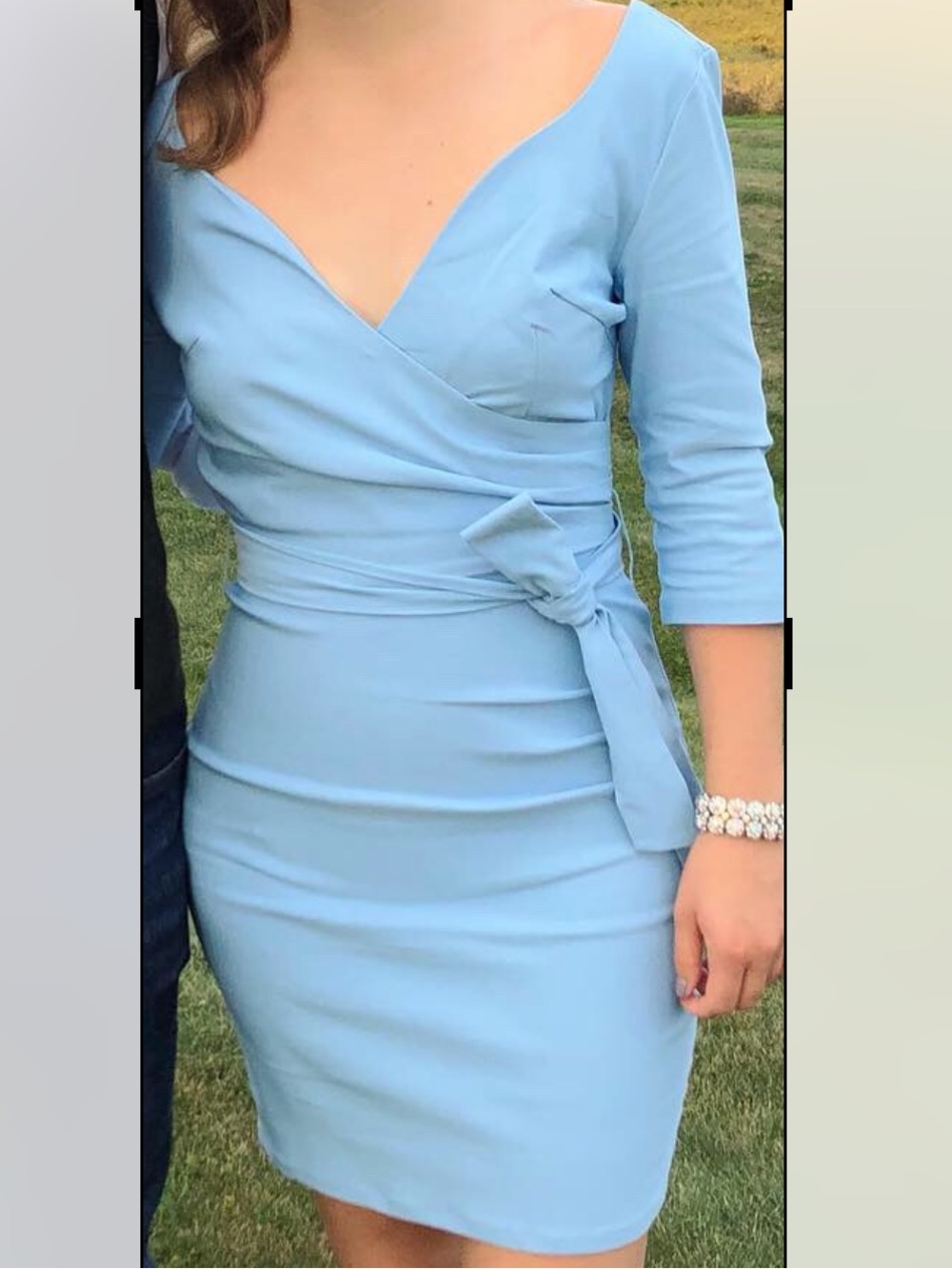 Off Shoulder Light Blue Wrap-Style Dress